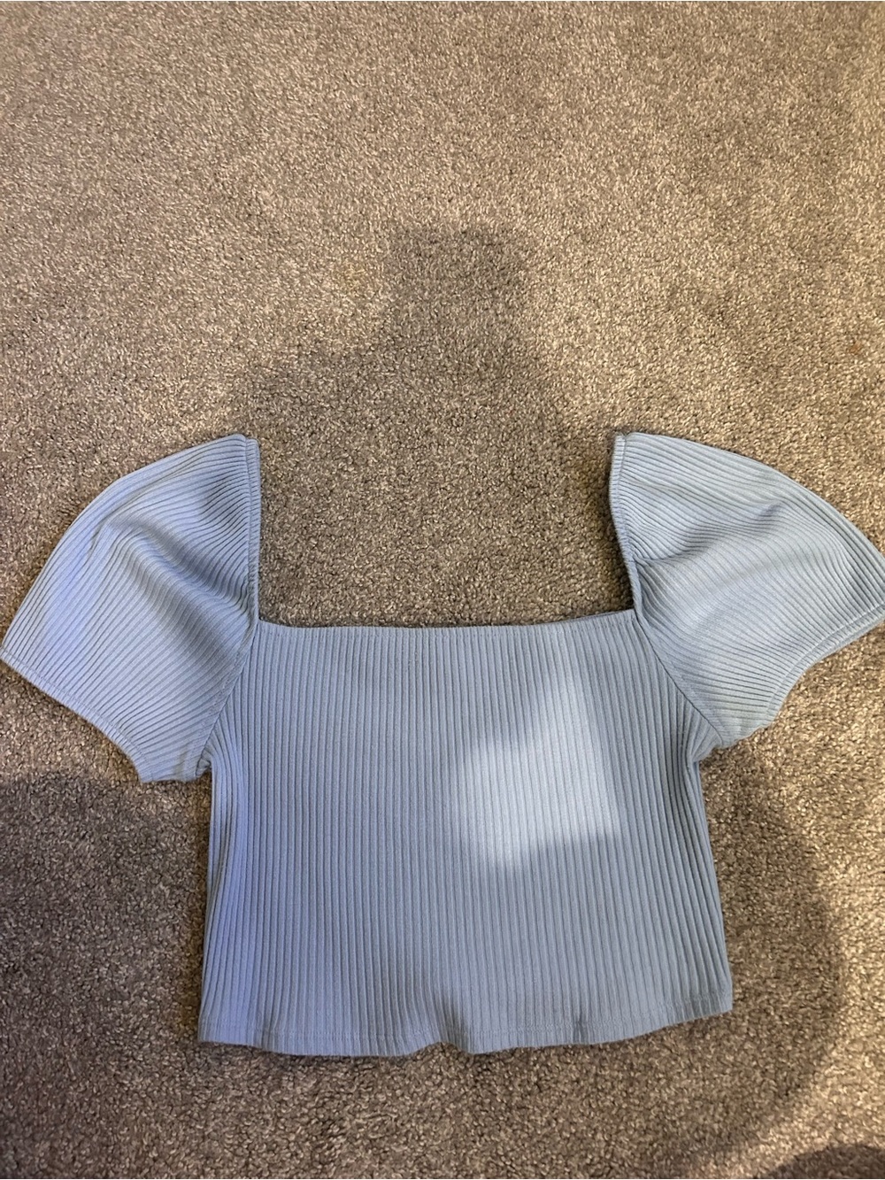H&M Light Blue Ribbed Square-Neck Puff-Sleeve Crop Top